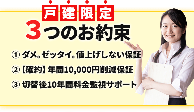 3つのお約束！①ダメ。ゼッタイ。値上げしない保証　②【確約】年間10,000円削減保証　③切替後10年間料金監視サポート